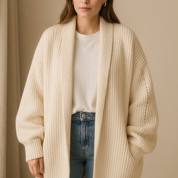 Free People Dare To Dream Chunky Open Rib Cotton Cardigan L Ivory Oversized - Picture 10 of 10